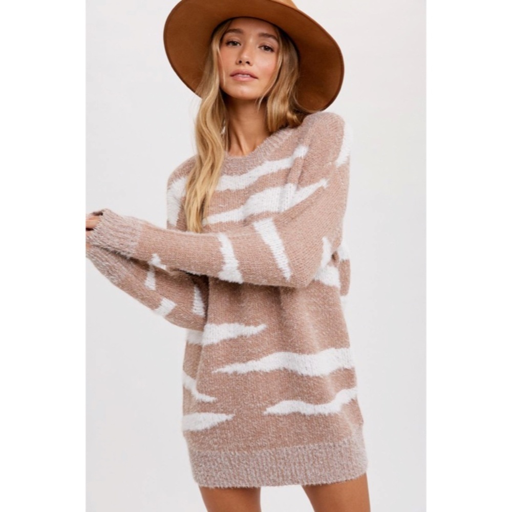 SOLD OUT Coco Fuzzy Zebra Tunic Pullover Knit Sweater Winter Fall Women's Casual - Picture 2 of 9